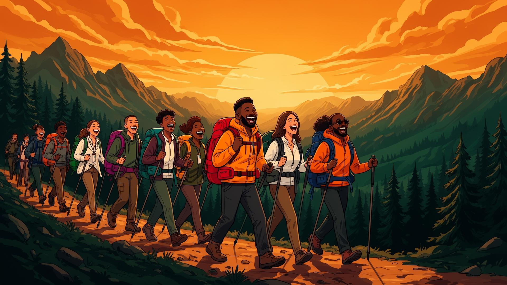 Joyful recruiters hiking at sunset